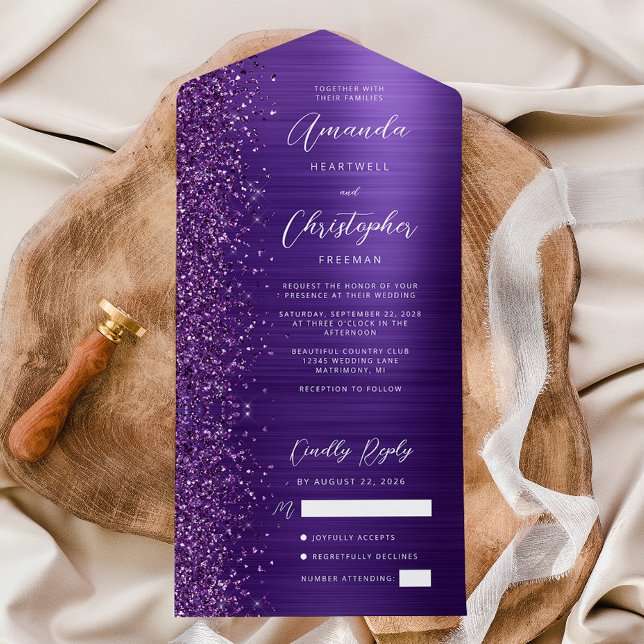 Invitation Tout En Un Mariage Moderne Métallisé Glamour Violet (Créateur téléchargé)