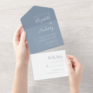 Invitation Tout En Un Mariage Moderne Minimaliste Bleu Poussiéreux