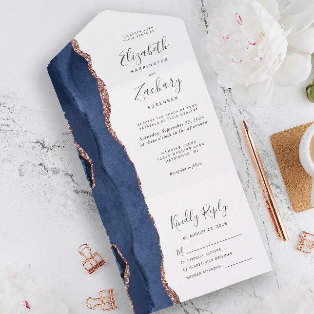 Invitation Tout En Un Mariage Moderne Navy Blue Or Rose Agate (Créateur téléchargé)