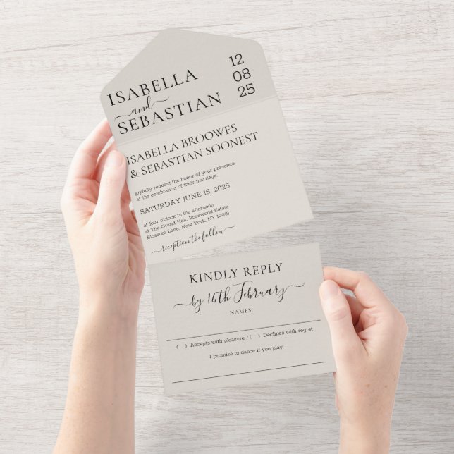Invitation Tout En Un Mariage Moderne Neutre Crème Répondre avec Gentill (Déchirure)