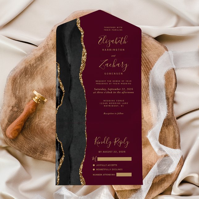 Invitation Tout En Un Mariage Moderne Noir Agate Bordeaux Or (Créateur téléchargé)