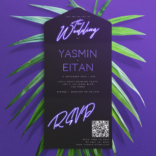 Invitation Tout En Un Mariage Moderne Noir avec Lumières Néon Violet Fro