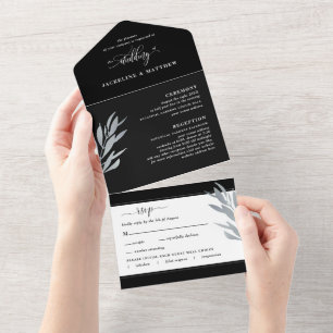 Invitation Tout En Un Mariage moderne noir et argent avec RSVP perforé