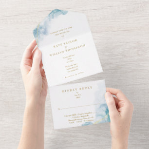 Invitation Tout En Un Mariage Moderne Or à l'Aquarelle Bleue