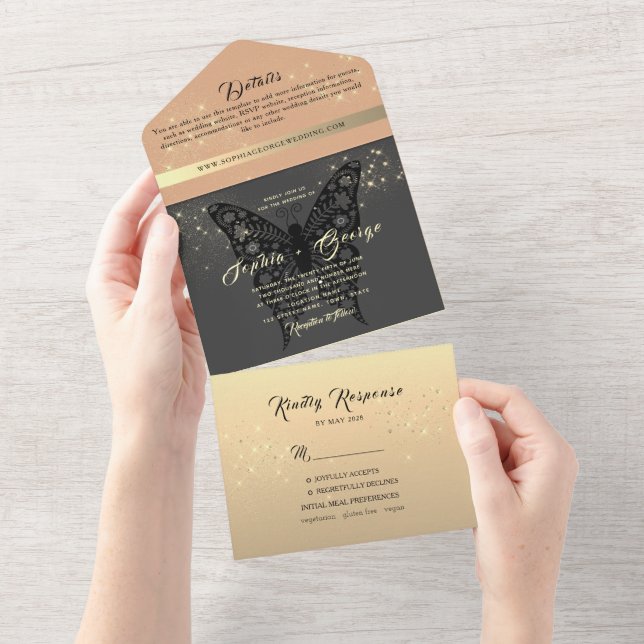 Invitation Tout En Un Mariage Moderne Or Rose et Noir (Déchirure)