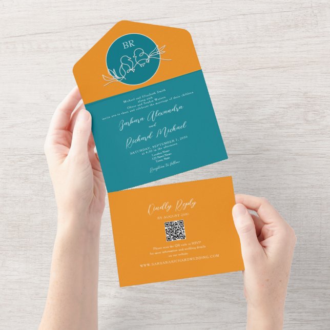 Invitation Tout En Un Mariage Moderne Orange et Sarcelle (Déchirure)
