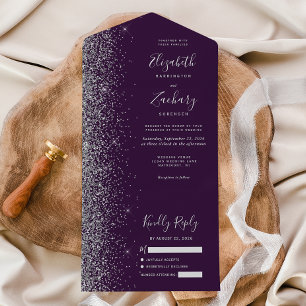 Invitation Tout En Un Mariage Moderne Paillettes Argent Violet Foncé