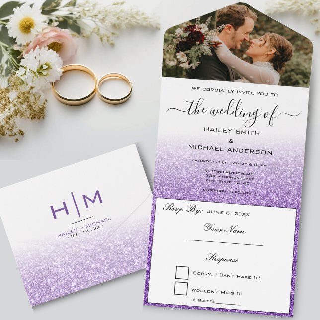 Invitation Tout En Un Mariage Moderne Photo Blanc et Violet Pailleté Omb (White & Purple Glitter Ombre Modern Photo Wedding All In One Invitation)