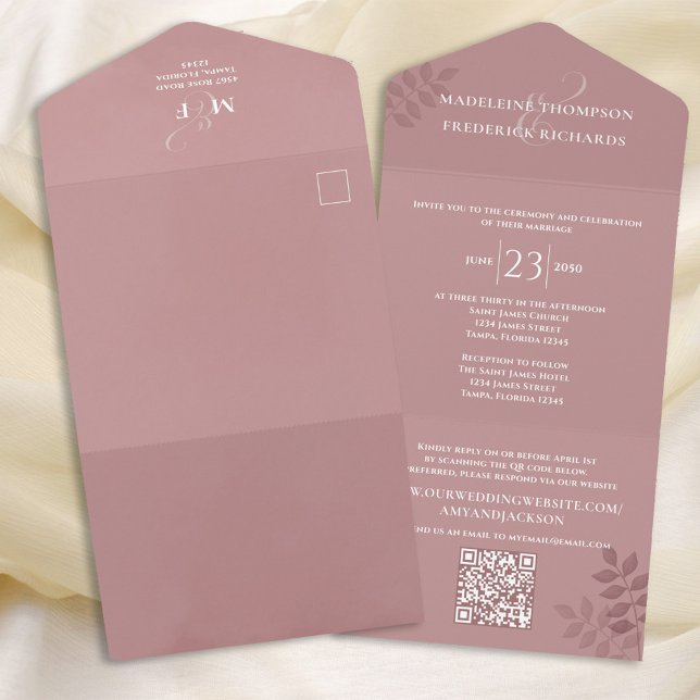 Invitation Tout En Un Mariage moderne QR Code Rose RSVP (Créateur téléchargé)
