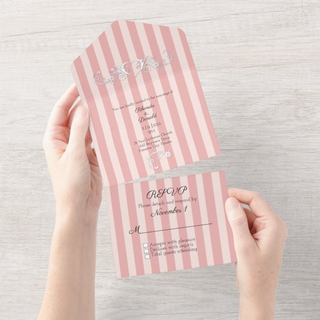 Invitation Tout En Un Mariage moderne rayé rose et blanc (Déchirure)