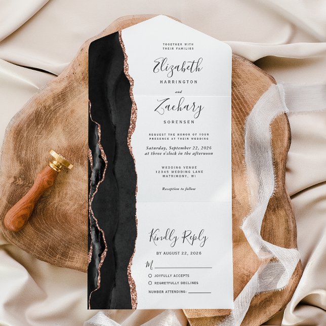 Invitation Tout En Un Mariage Moderne Rose Or Noir Agate (Créateur téléchargé)
