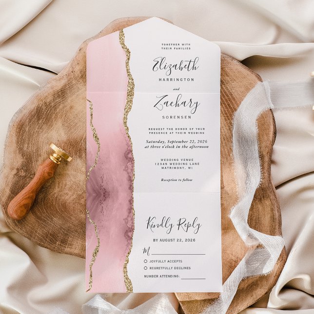 Invitation Tout En Un Mariage Moderne Rose Pâle Agate Dorée (Créateur téléchargé)