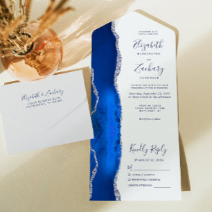 Invitation Tout En Un Mariage moderne Royal Blue Silver Agate