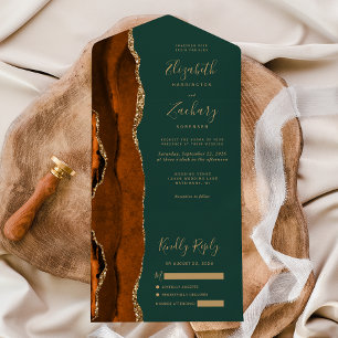 Invitation Tout En Un Mariage Moderne Rust Or Agate Vert Chasseur
