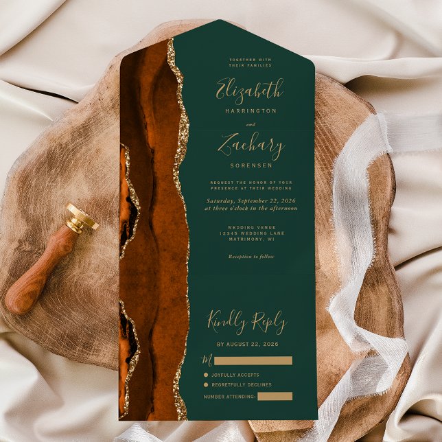 Invitation Tout En Un Mariage Moderne Rust Or Agate Vert Chasseur (Créateur téléchargé)
