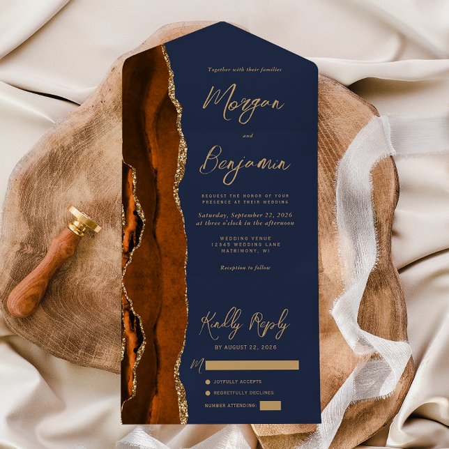 Invitation Tout En Un Mariage Moderne Script Or Rouille Agate Bleu Marin (Créateur téléchargé)