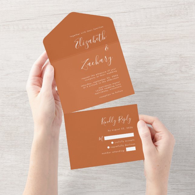 Invitation Tout En Un Mariage Moderne Script Orange Brûlé (Déchirure)