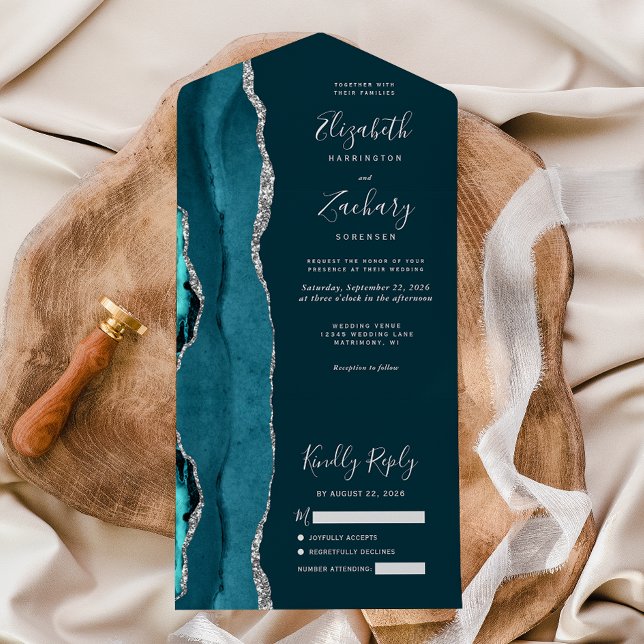 Invitation Tout En Un Mariage moderne Turquoise d'âge d'argent foncé (Créateur téléchargé)