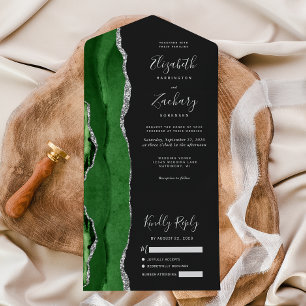 Invitation Tout En Un Mariage Moderne Vert Argent Agate Foncé