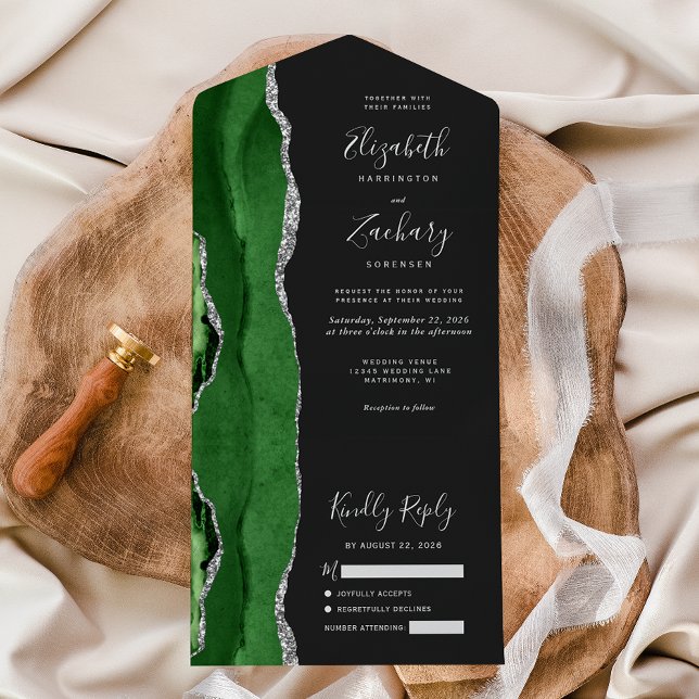 Invitation Tout En Un Mariage Moderne Vert Argent Agate Foncé (Créateur téléchargé)