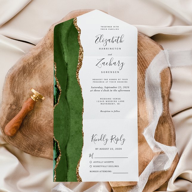 Invitation Tout En Un Mariage Moderne Vert Chasseur Agate Or (Créateur téléchargé)