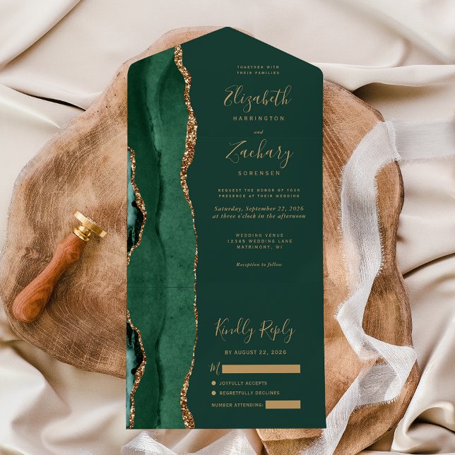 Invitation Tout En Un Mariage Moderne Vert Émeraude Agate Or (Créateur téléchargé)