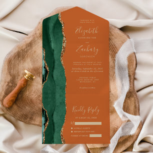 Invitation Tout En Un Mariage Moderne Vert Émeraude Or Agate Rouille