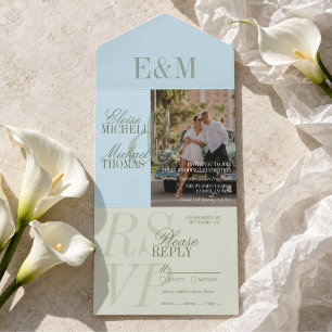 Invitation Tout En Un Mariage Moderne Vert Sauge et Bleu avec Écriture