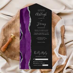 Invitation Tout En Un Mariage Moderne Violet Argent Agate Foncé
