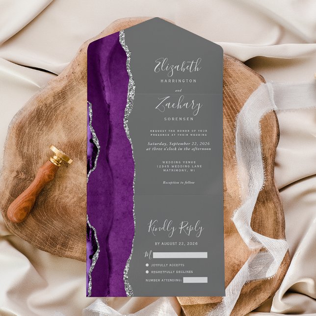 Invitation Tout En Un Mariage Moderne Violet Argent Agate Gris (Créateur téléchargé)