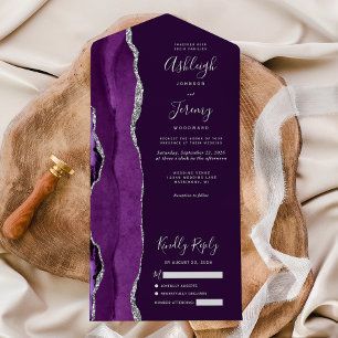 Invitation Tout En Un Mariage Moderne Violet Argent Agate Prune