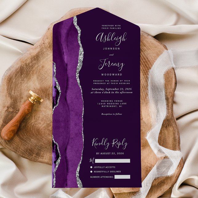 Invitation Tout En Un Mariage Moderne Violet Argent Agate Prune (Créateur téléchargé)