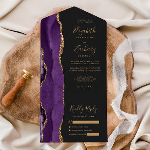 Invitation Tout En Un Mariage Moderne Violet Or Agate Foncé