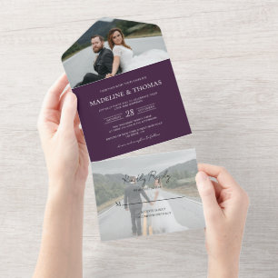 Invitation Tout En Un Mariage moderne violet violet 2 photo RSVP