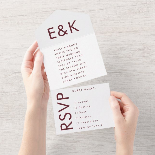 Invitation Tout En Un Mariage Monogram Ultra Modern Bourgogne (Déchirure)