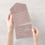 Invitation Tout En Un Mariage Monogramme à feuillage de rose poussiéreus<br><div class="desc">Nous adorons cette invitation tendance et moderne de couleur rose poudré Tout-en-un Simple, élégant et terriblement joli, il présente une couronne de feuilles dessinée à la main encerclant un monogramme de mariage moderne. Il est personnalisé avec une typographie élégante et accentué de calligraphie manuscrite. Enfin, il est encadré d'un délicat...</div>