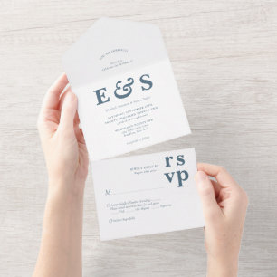 Invitation Tout En Un Mariage Monogramme bleu minimaliste Prep Chic Dust