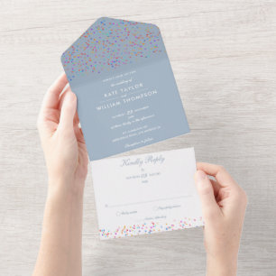Invitation Tout En Un Mariage Monogramme Bleu Poussiéreux Confettis Arc-