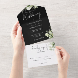 Invitation Tout En Un Mariage Monogramme Botanique Vert Noir Blanc