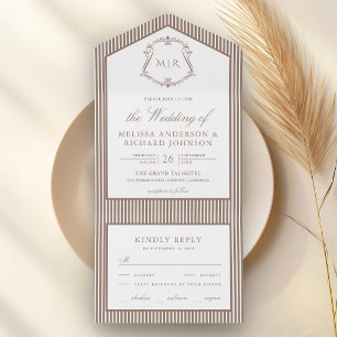 Invitation Tout En Un Mariage Monogramme Classique Marron Rayé Crête