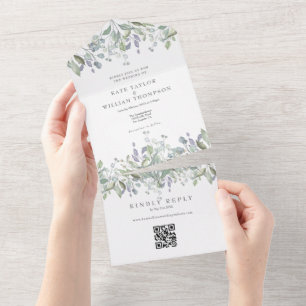 Invitation Tout En Un Mariage Monogramme Code QR de la Sauge et du Lilas