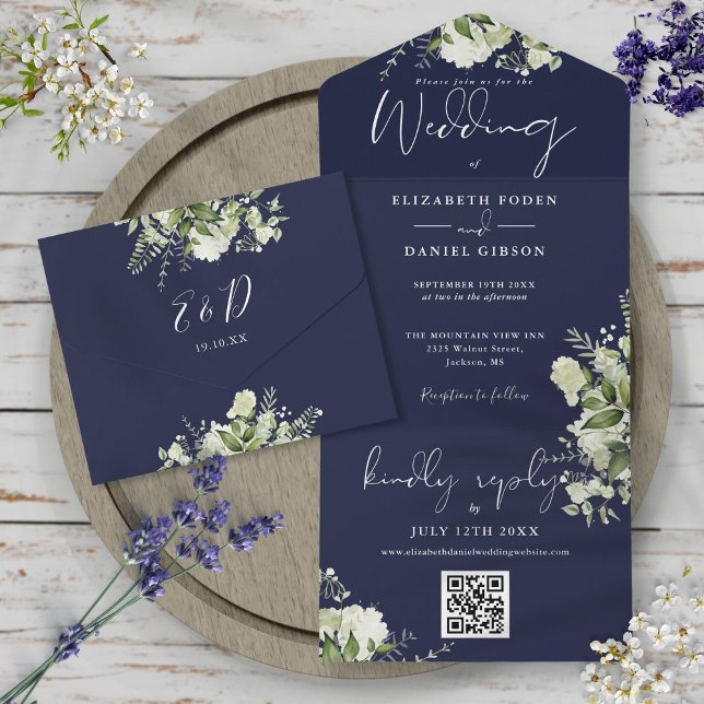 Invitation Tout En Un Mariage Monogramme Code QR de la verdure Bleu Mari (Créateur téléchargé)