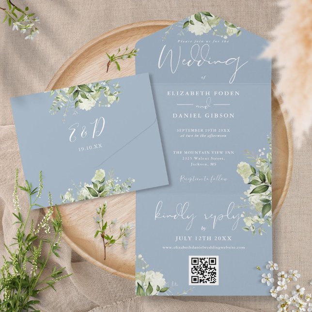 Invitation Tout En Un Mariage Monogramme Code QR de la verdure Bleu Pous (Créateur téléchargé)