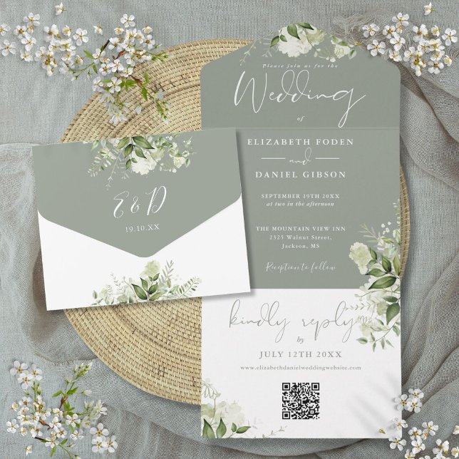 Invitation Tout En Un Mariage Monogramme Code QR Feuillage Vert Sauge (Sage Green Foliage QR Code Monogram Wedding All In One Invitation)