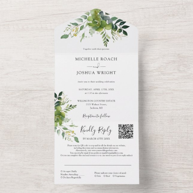 Invitation Tout En Un Mariage Monogramme Code QR Floral Végétal (À l'intérieur)