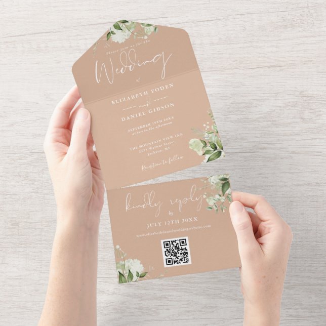 Invitation Tout En Un Mariage Monogramme Code QR Floral Vert Sauge (Déchirure)