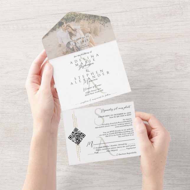 Invitation Tout En Un Mariage Monogramme contemporain en noir et blanc (Déchirure)