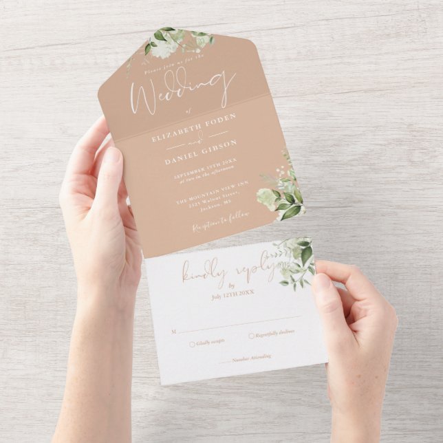 Invitation Tout En Un Mariage Monogramme de Tan avec Verdure Botanique (Déchirure)