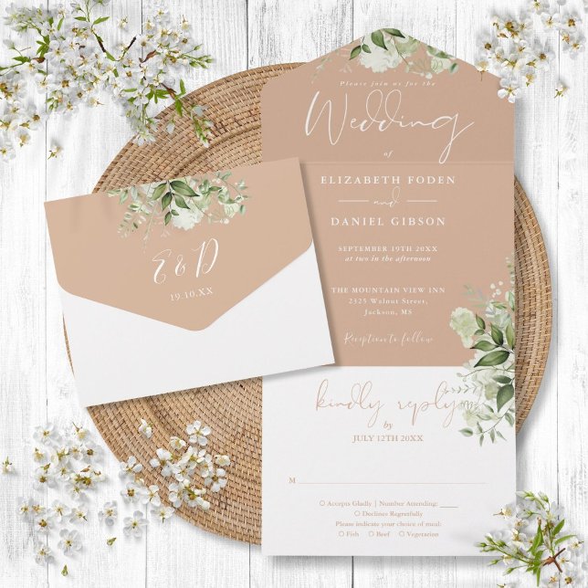 Invitation Tout En Un Mariage Monogramme de Tan Botanical Greenery  (Tan Botanical Greenery Monogram Wedding All In One Invitation)