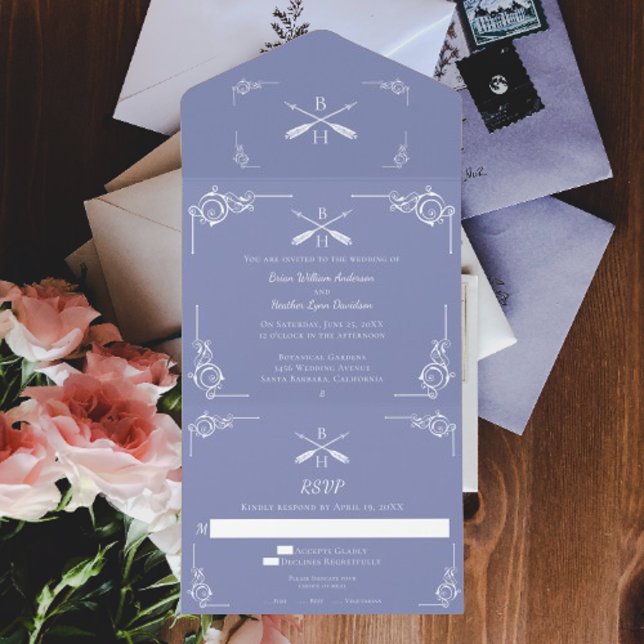 Invitation Tout En Un Mariage Monogramme et Flèches de périphérie (Periwinkle Monogram and Arrows Wedding All in One Invitation)